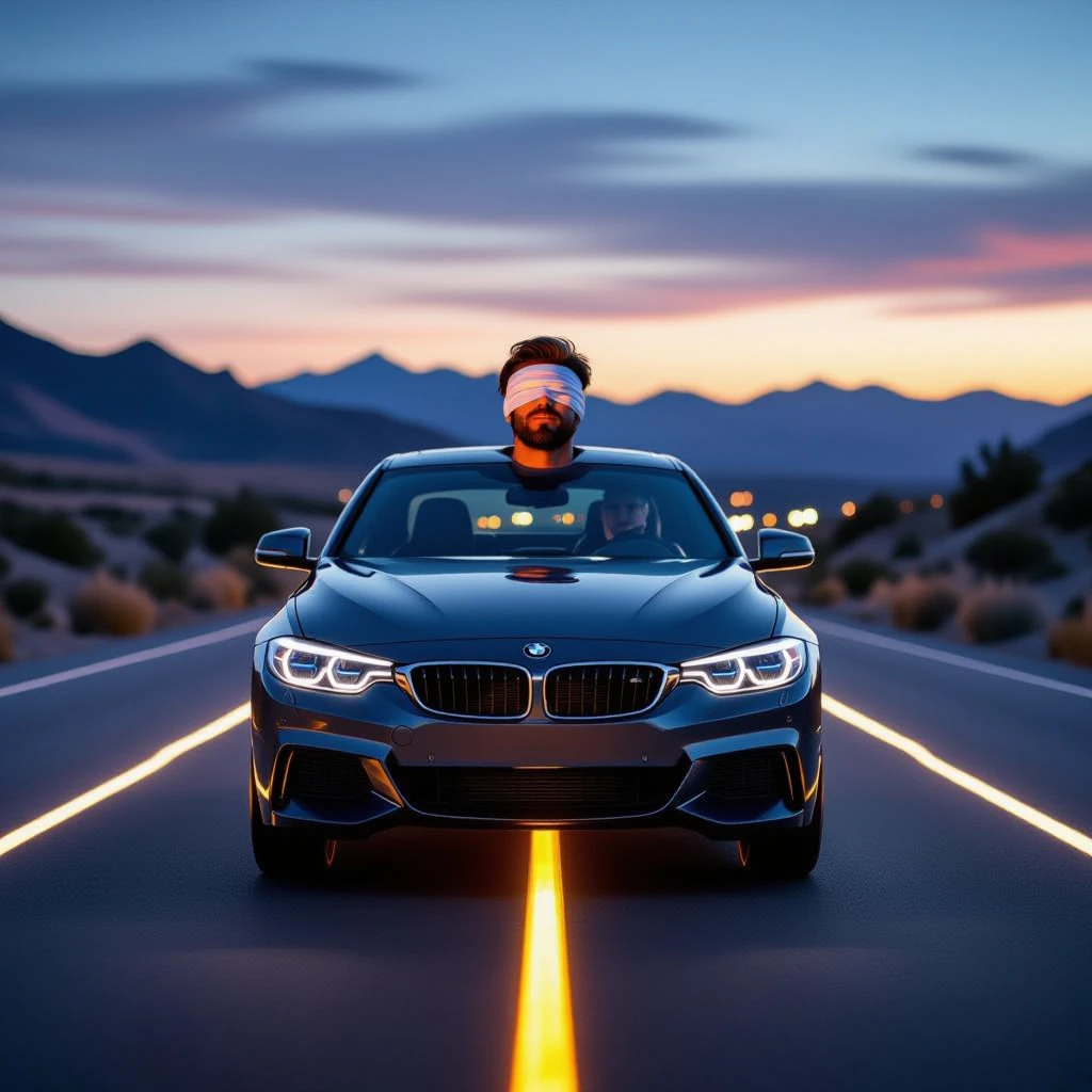 A car driving on a glowing road with a blindfolded man sitting inside. emoji