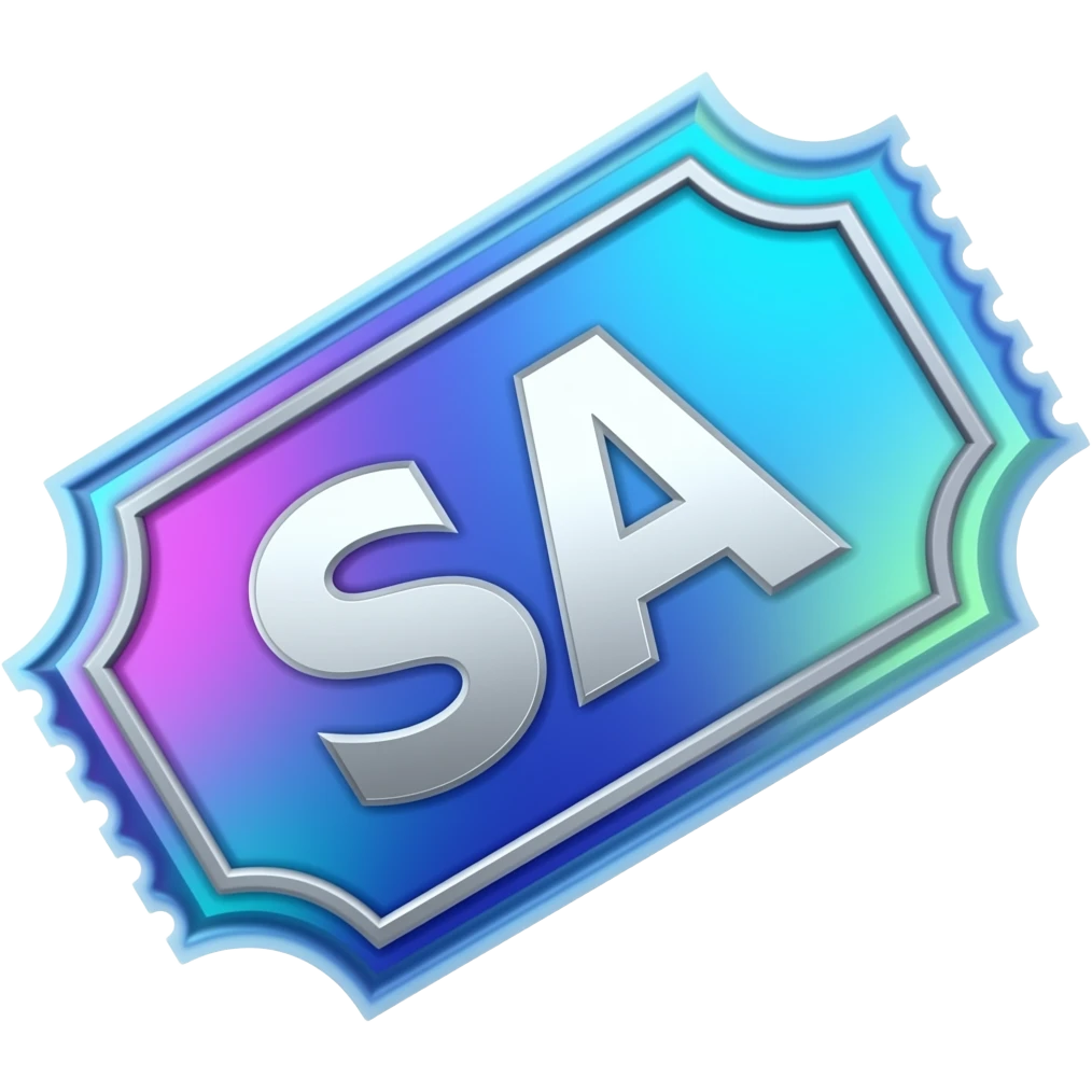 Neon blue and purple ticket with SA letters emoji