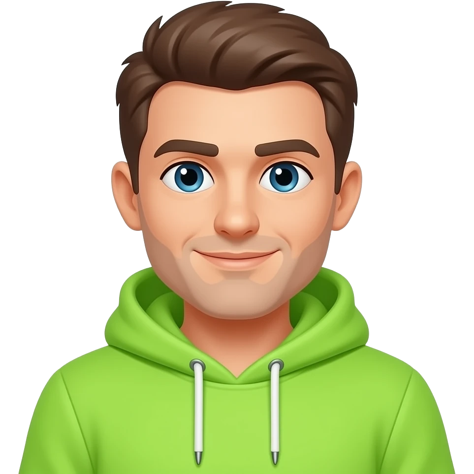 friendly and inspiring male forex trader mascot, mid 20s, neon lime green hoodie, head & shoulder emoji