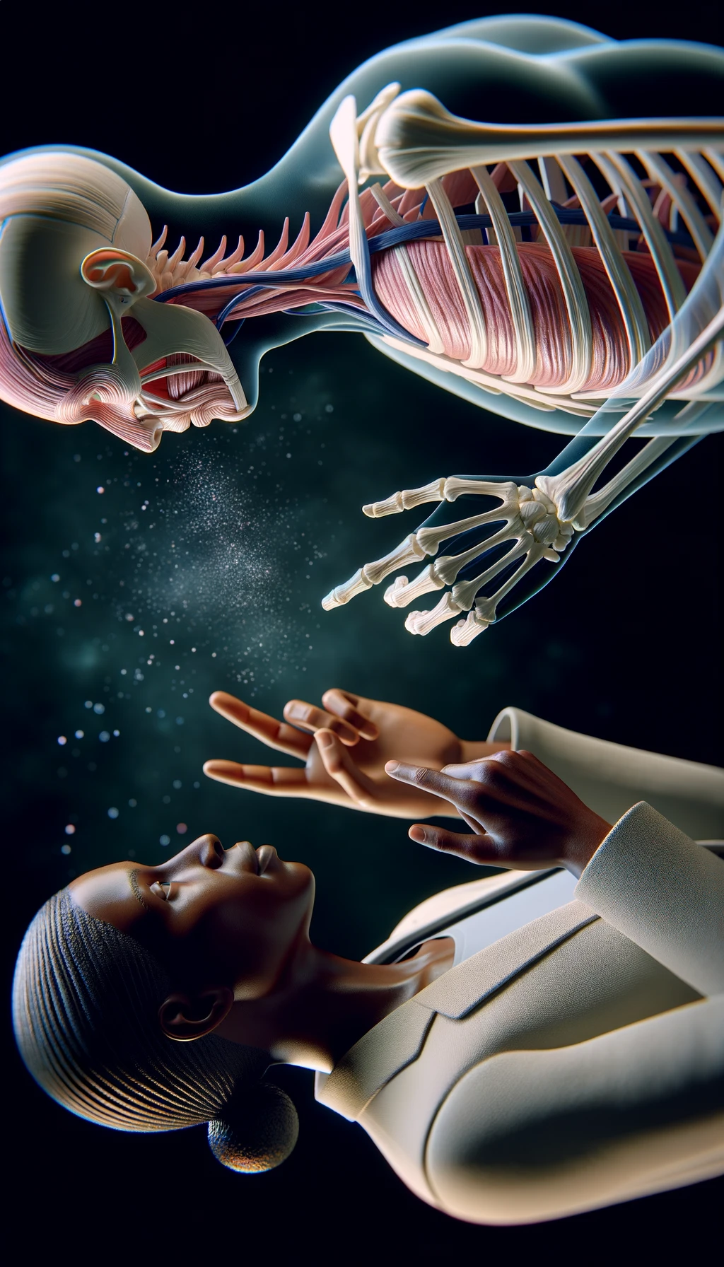 corpo umano anatomico che parla ma sopra di lui c'è il muto, un altra persona lo ascolta, immagine iperrealistica 4k emoji