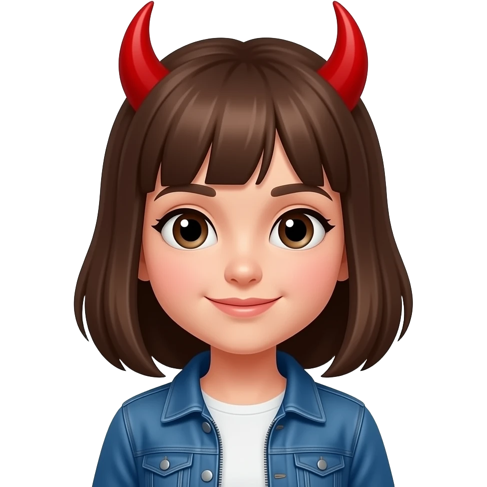 Girl with brown hair and red devil horns and a blue jacket emoji