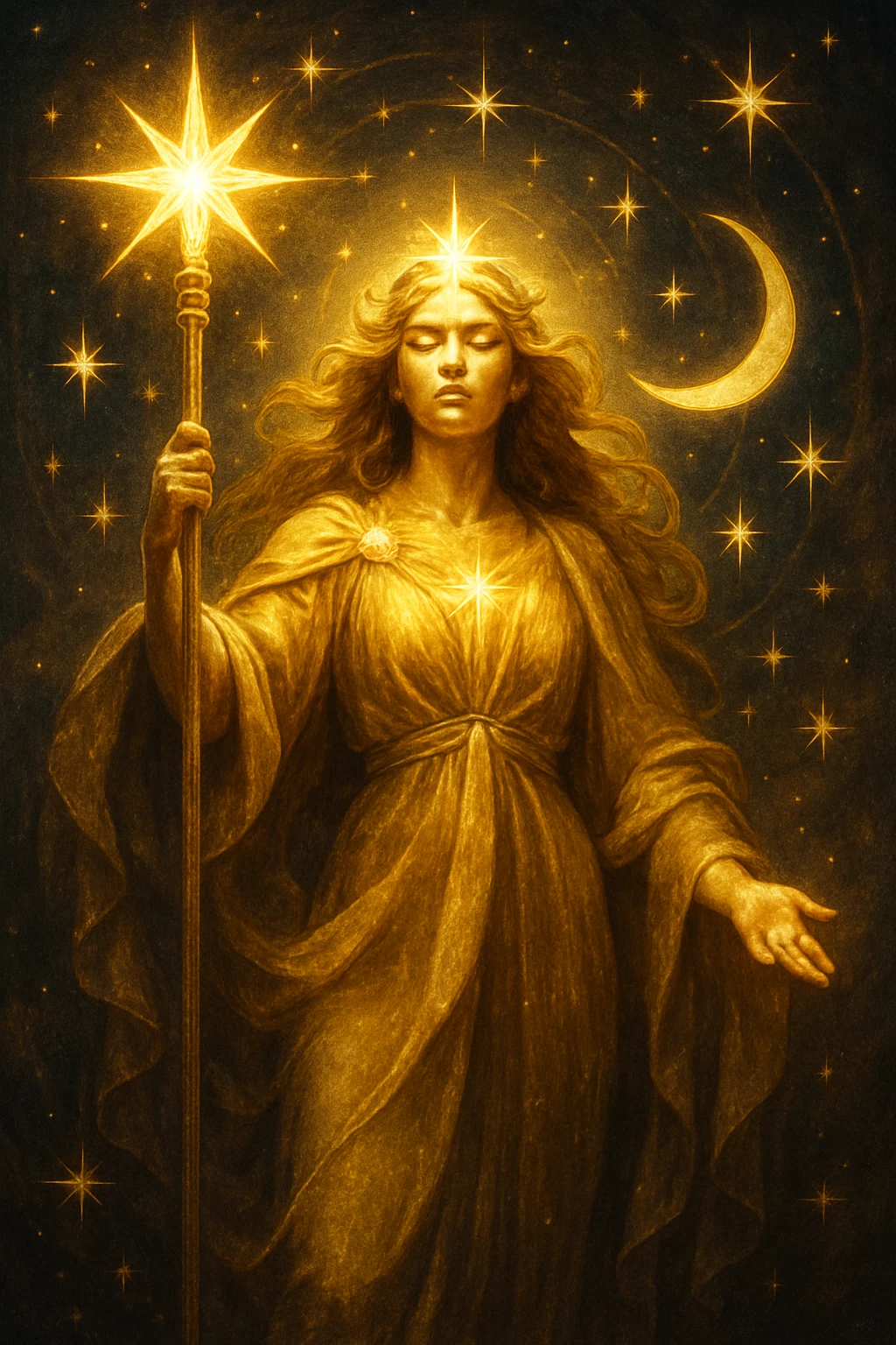 goddess, powerful, holding a staff, celestial motifs, radiant light emoji