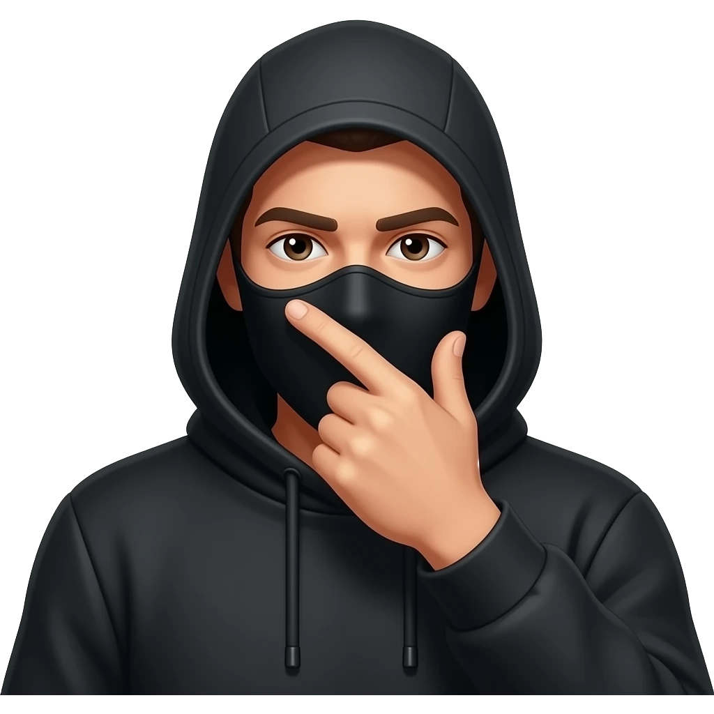 Homem vestido com máscara de hacker de preto tampando a cara com uma mao, com a mão no meio da cara emoji