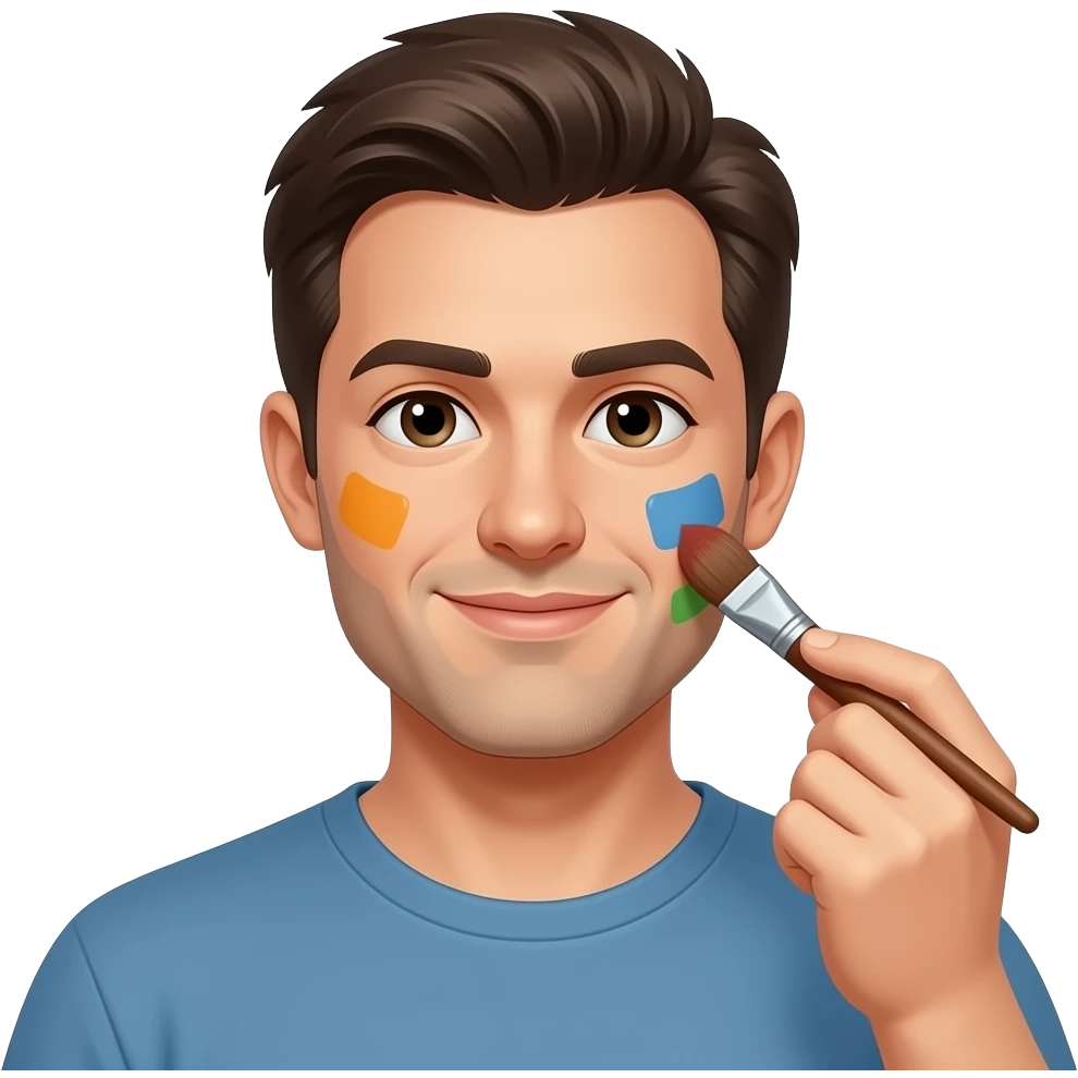 Man painting his face with paint brush, emoji