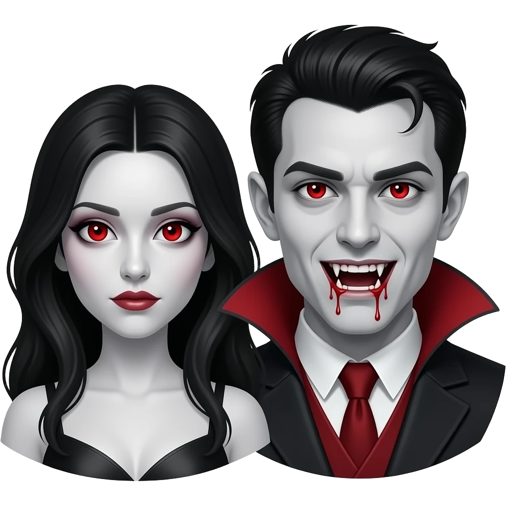 Female and male gothic  vampires teeth showing with drops of blood, red eyes and pale skin emoji