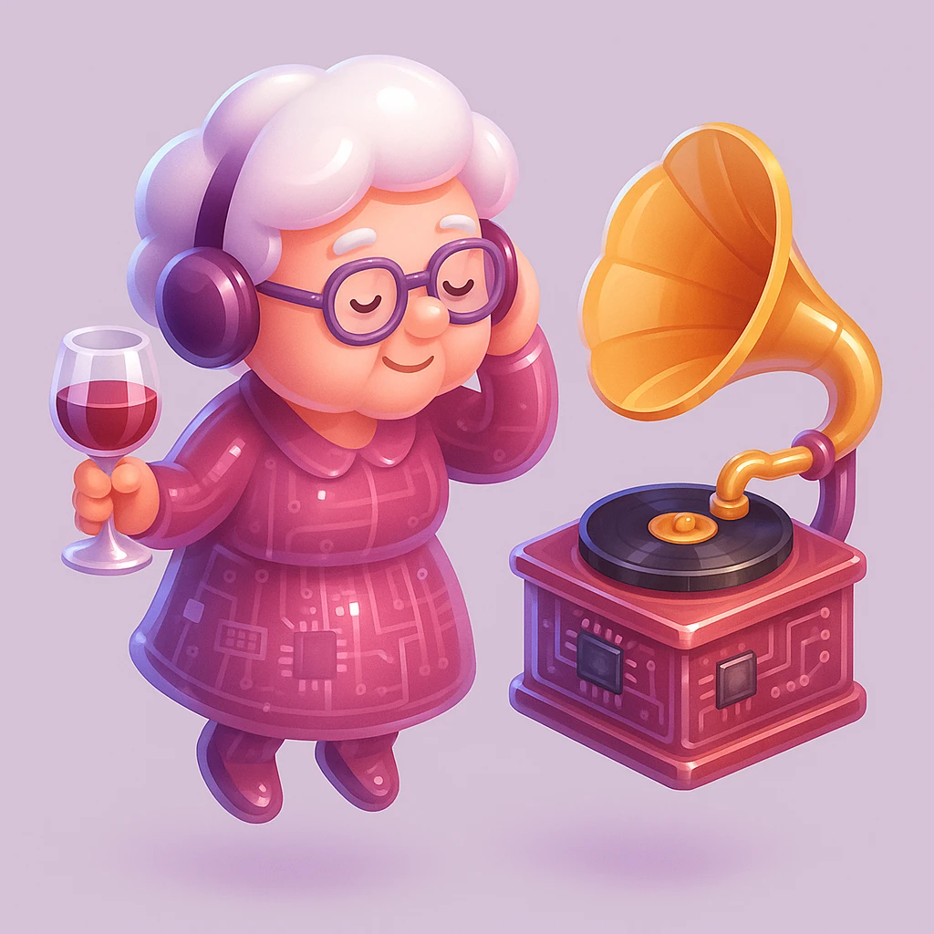 old lady with wineglass listening to gramophone emoji
