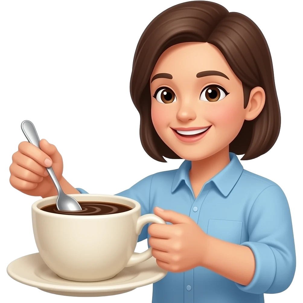 emoji-style illustration of a person stirring coffee in a cup with a small spoon. A hand holding the spoon inside the cup, visible swirling motion in the coffee. The cup is light beige (off-white / creamy tone). emoji