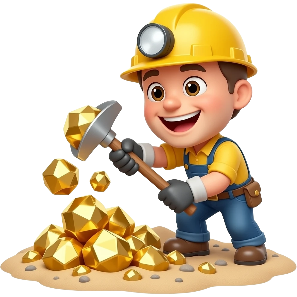 A funny 3D cartoon miner happily digging huge shiny gold nuggets from the ground, exaggerated “Gold Digger” concept. Bright colors, soft cinematic lighting, clean background, high detail, ultra realistic render. emoji