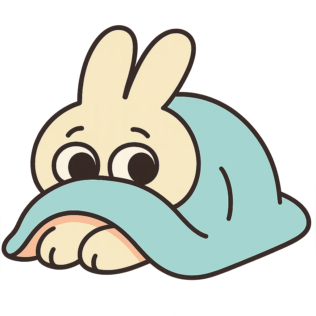 cream bunny lying under blanket, only eyes showing, pastel-toon style emoji