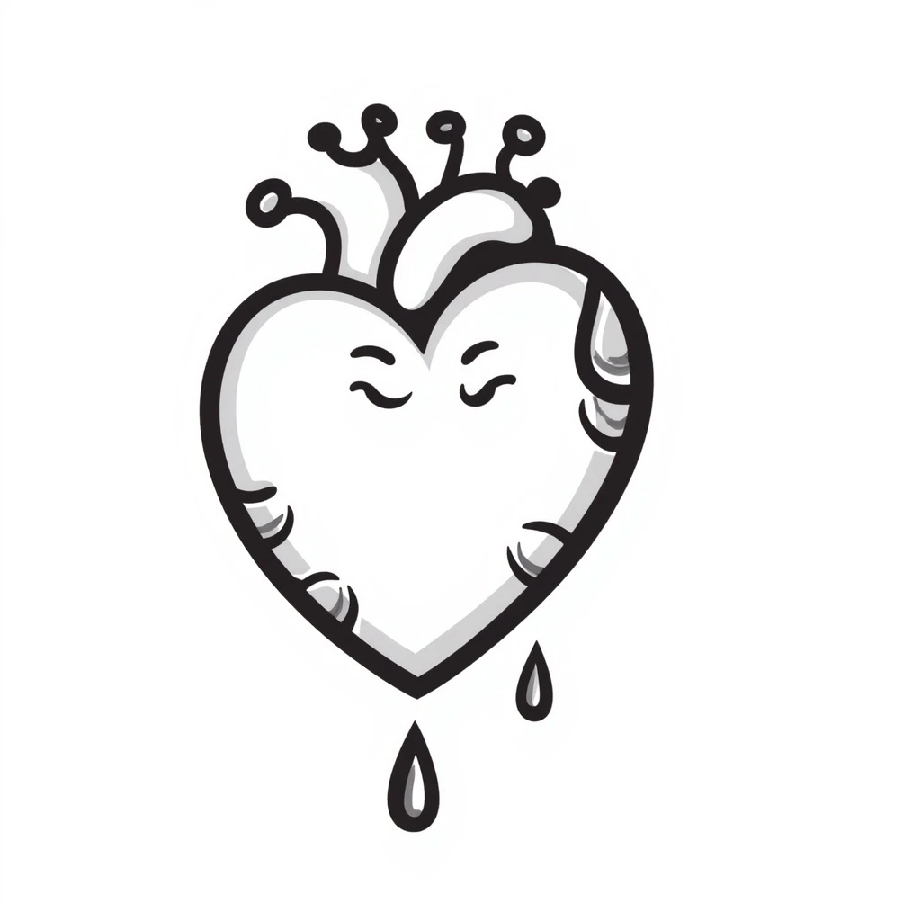 a melting heart, hand-drawn doodle style, sketchy, black lines, expressive emoji