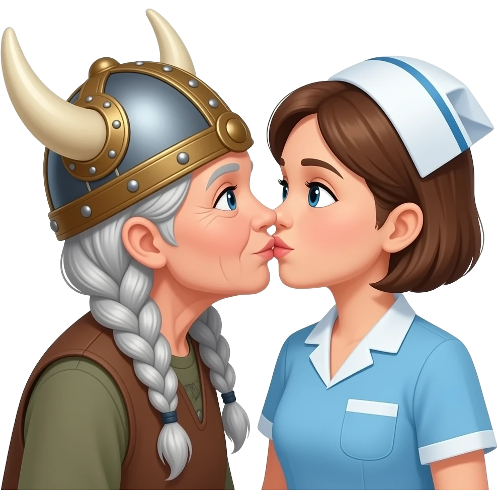 Viking hat silver braids old woman kissing elderly nurse short brunette emoji