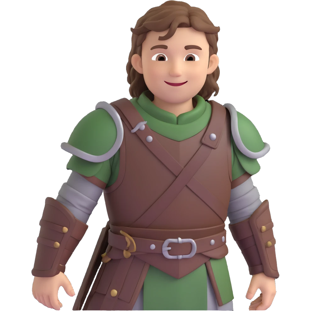young Viking boy from How to Train Your Dragon, tousled brown hair, wearing armor and green tunic, smiling, 3D animated style emoji