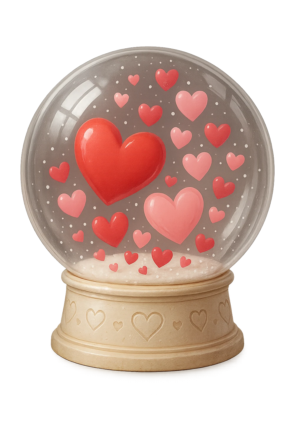 love-themed snow globe with hearts emoji
