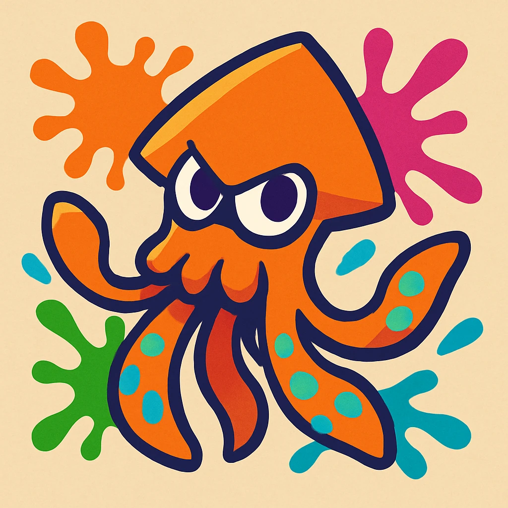 stylized squid character with vibrant ink splashes, inspired by Splatoon, playful pose, colorful, dynamic, cartoon style emoji