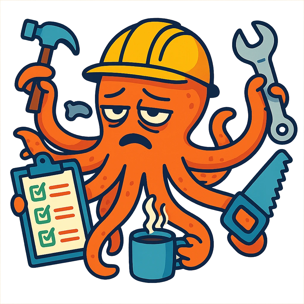 A tired worker wearing a helmet, depicted as an octopus with multiple tentacles holding various tools and items, including a hammer, a checklist with tasks, a wrench, a saw, and a coffee cup emoji