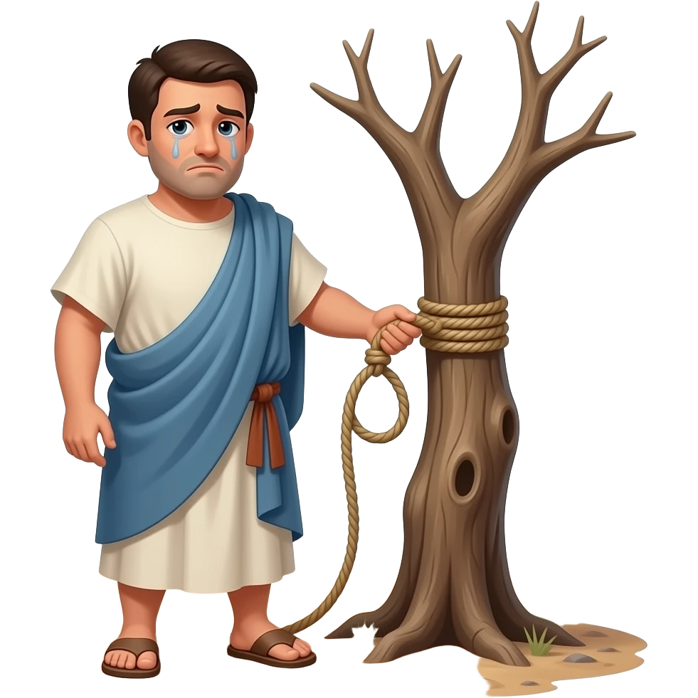 A full bodied short hair man, wearing old clothing from biblical times , in a desolate barren land with a dead tree, holding a rope and tying a noose to the trunk of the tree with a sad look on his face emoji