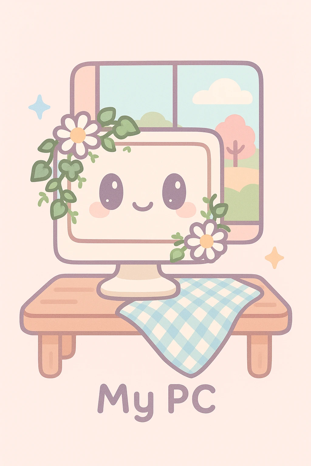 cottagecore 'My PC' icon: computer monitor with hand-embroidered look, decorated with daisies, ivy, gingham cloth, set on wooden desk with window showing countryside view emoji