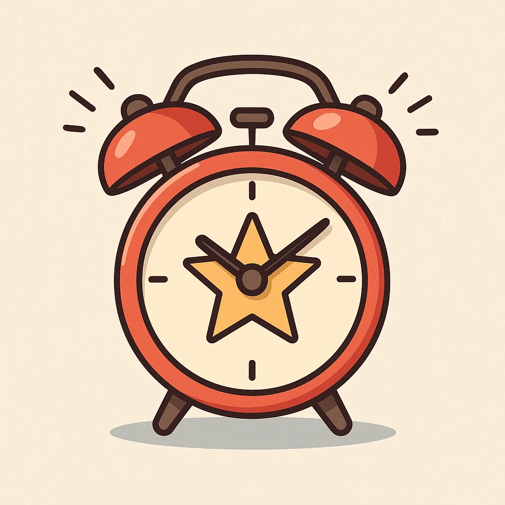 modern flat vector red alarm clock with twin bells, star logo in the center, minimal design, soft shadows, ringing lines, neutral background emoji