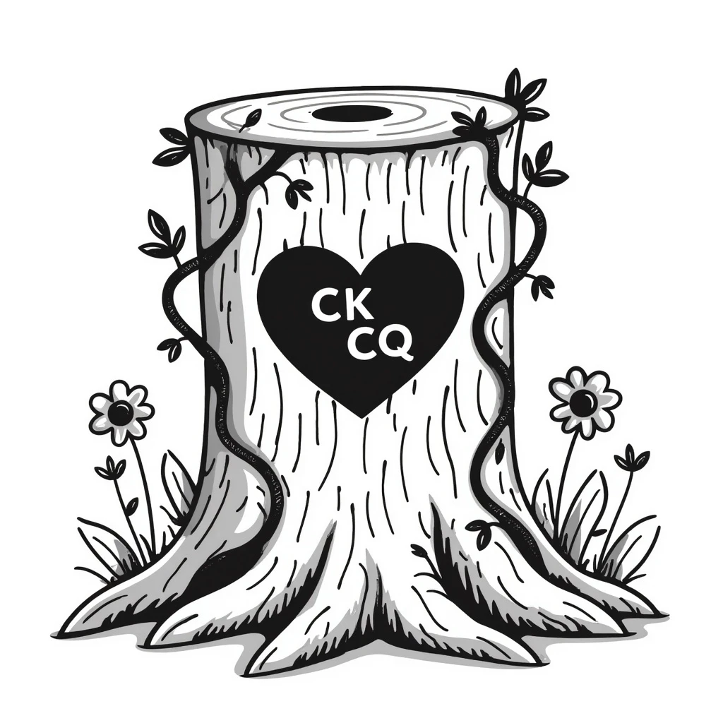 Replace the words 'Chaos King' and 'Chaos Queen' with the initials 'CK' and 'CQ' carved inside the heart on the cartoonish tree stump, with vines and wildflowers growing around it, hand-drawn doodle style. emoji