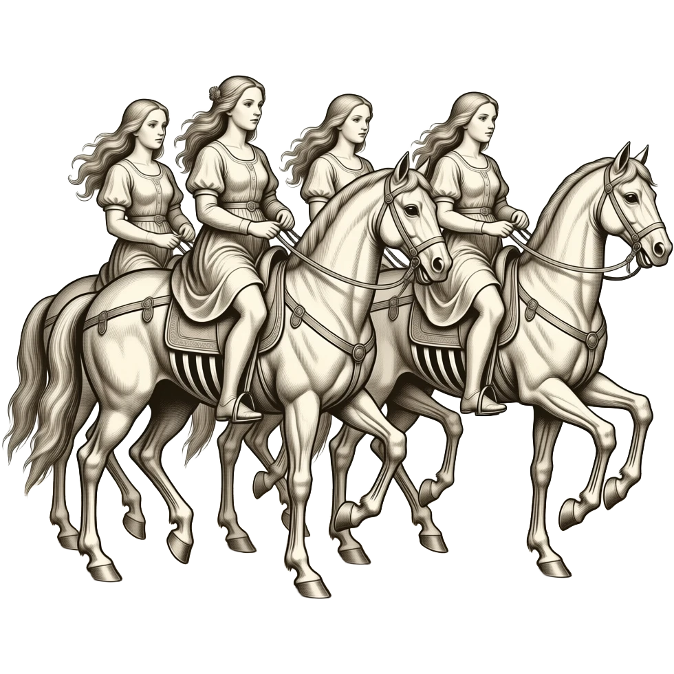 ivory Four thin women as riders of the Apocalypse, after a graphic by Albrecht Dürer in a desolate landscape on horse skeletons emoji