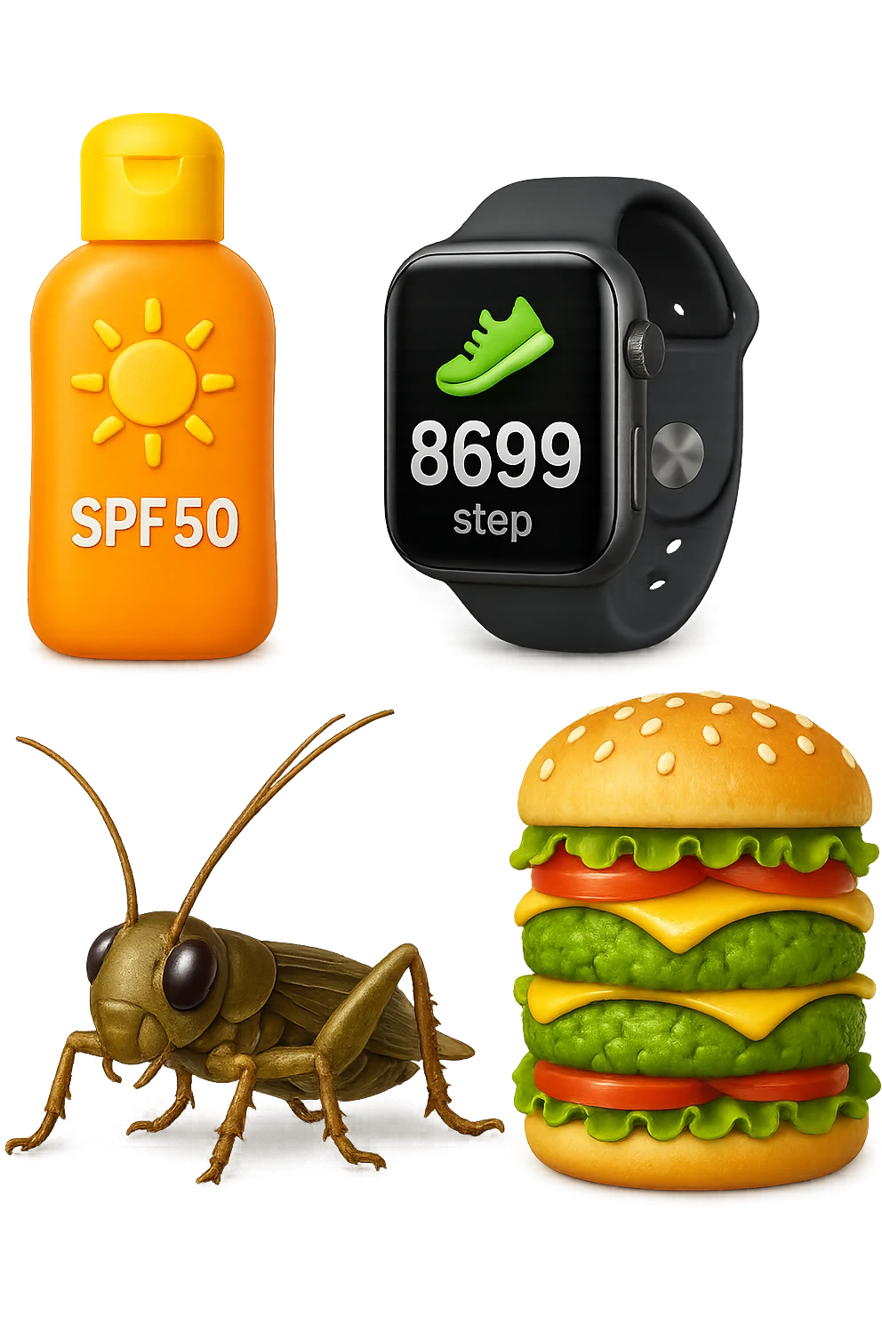 emoji stile iphone di una boccetta di CREMA SOLARE, UNO SMARTWATCH CONTAPASSI, UN GRILLO, UNA TORRETTA DI HAMBURGER FATTI CON I PISELLI, IPERREALISTICO 4K emoji