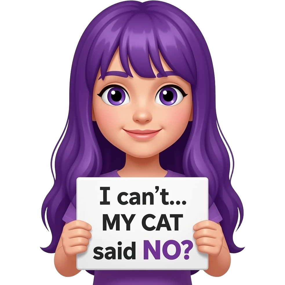 girl with long purple hair with a Ich kann nicht... MEINE KATZE hat NEIN gesagt sign emoji