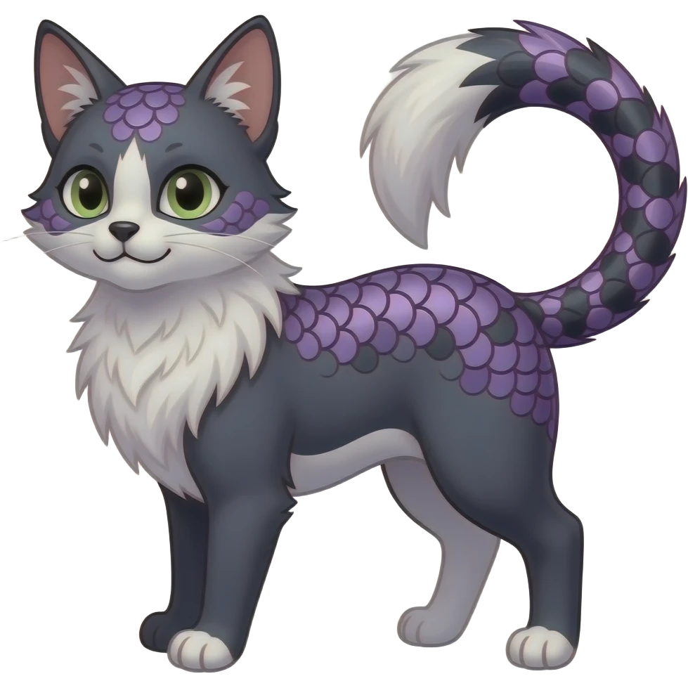 Fleur de Lis-patterned gingham-patterned feathery elegant realistic Furry, feathery fluffy tropical flecked painted feathery scaly, Purple, white, black, Minccino-Bambino-Lykoi-Linoone-Zangoose-fusion-hybrid-animal-Fakémon-creature, full body, thin long sleek scaly tail, intricate markings emoji