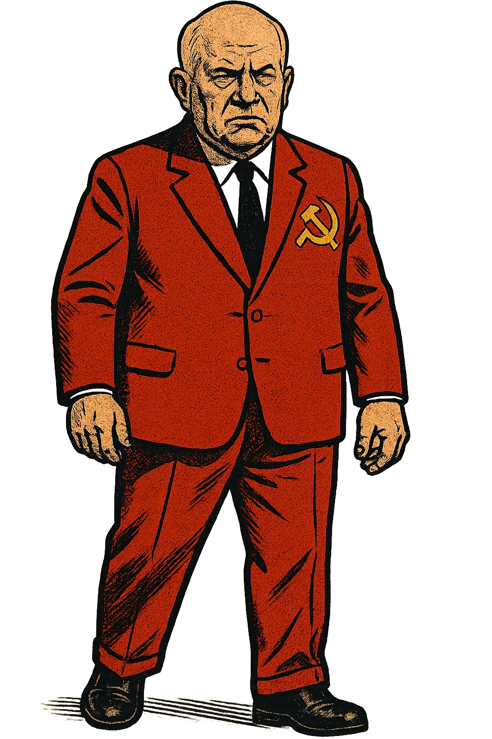 The full body of a male middle aged Russian leader who looks like Nikita Khrushchev wearing a red suit with the communist party logo and looking seriously emoji