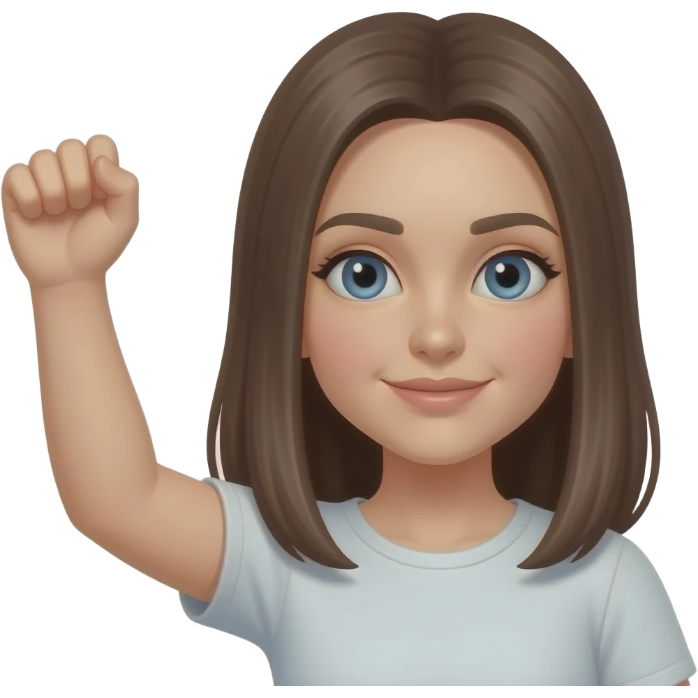 white female, blue eyes, brown straight hair with arm up emoji