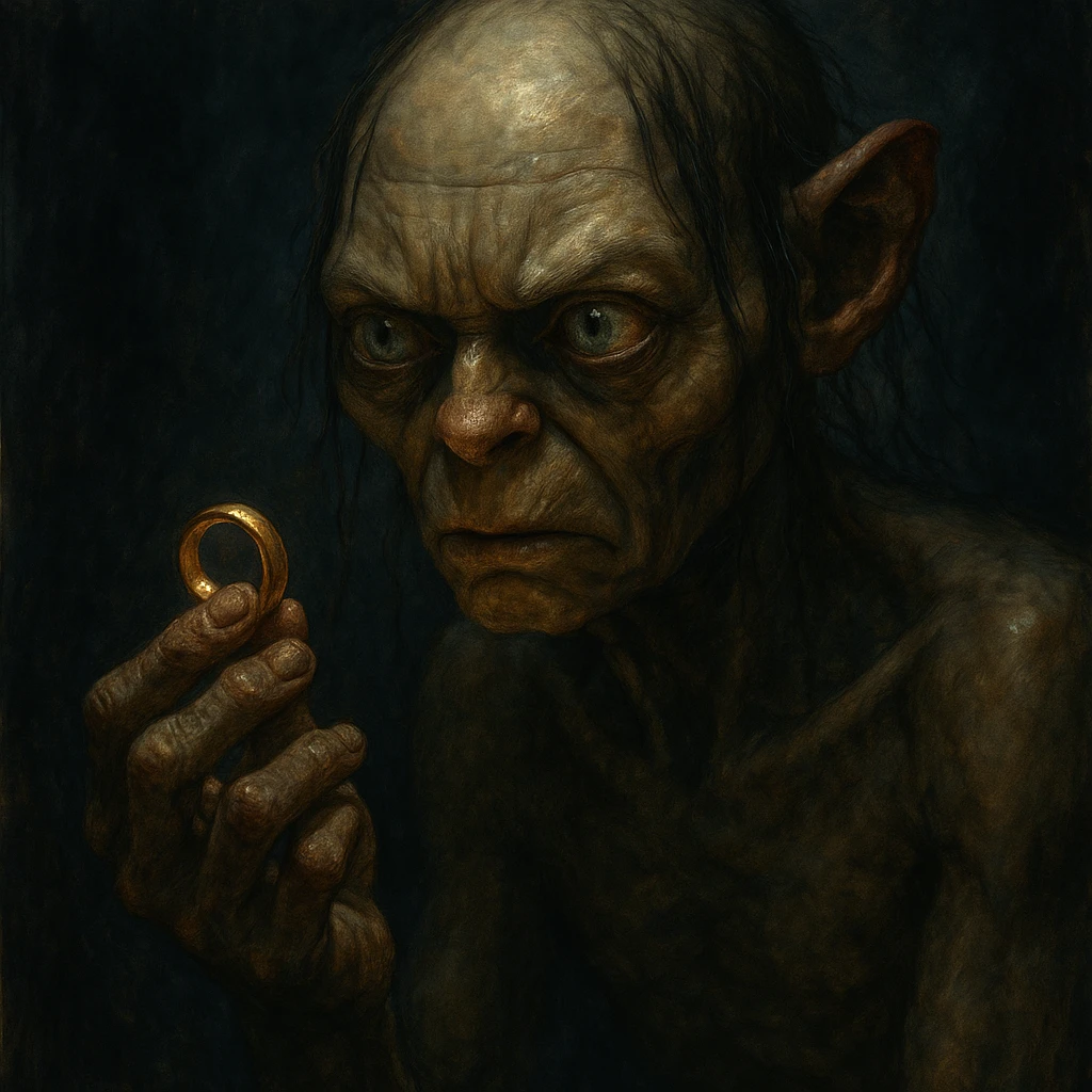 Gollum gazing at a ring in his hand, moody, fantasy character portrait emoji