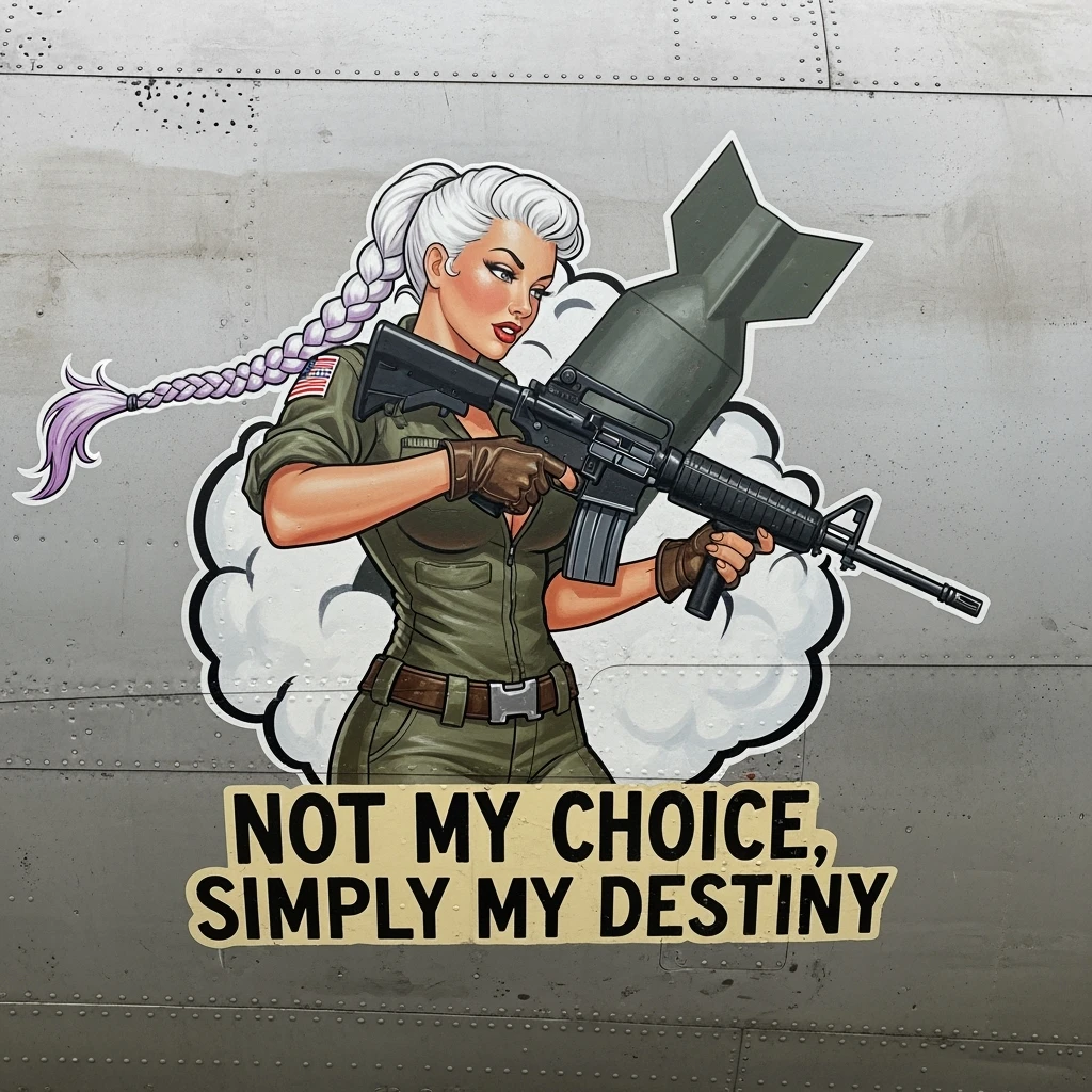 a retro military pinup fuselage decoration for the motto " not my choice, simply my destiny "
the female figure in the pinup image wears a single white braid with lavender tips, tactical reloading m4a1 emoji