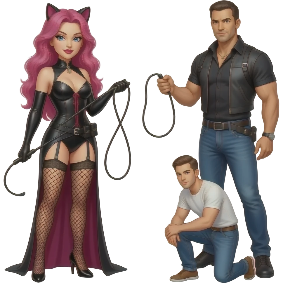 Una dominatrice con i capelli rosa con la frusta, un dominatore con una frusta, e un uomo inginocchiato emoji