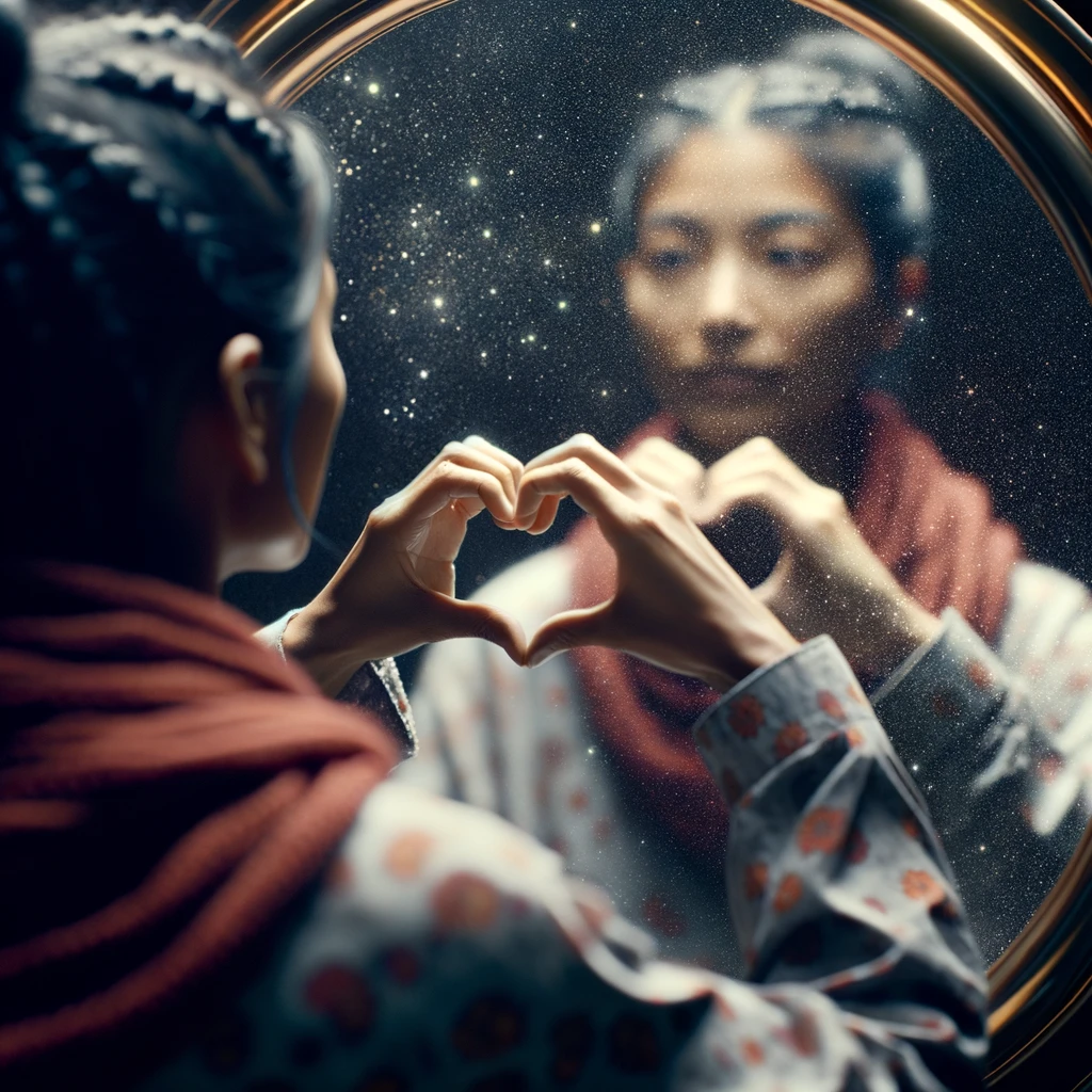 DONNA DI SPALLE CHE SI GUARDA ALLO SPECCHIO CREANDO UN CUORE CON LE MANI, iperrealistico 4k emoji