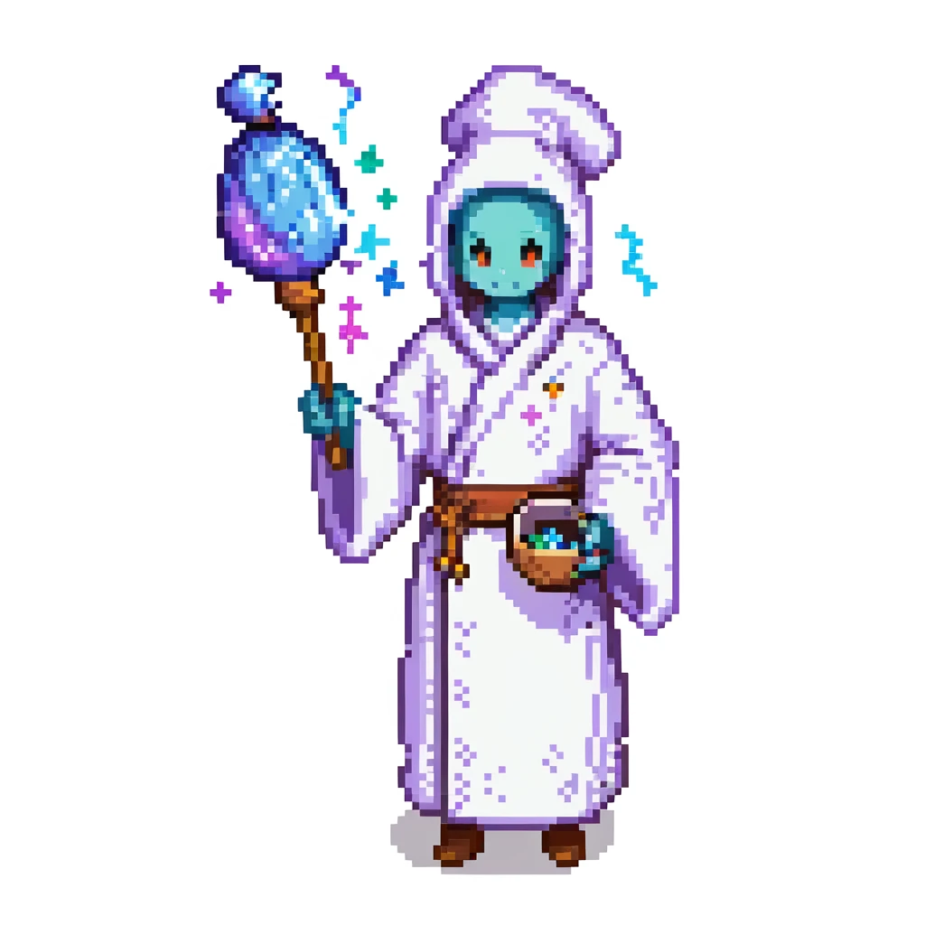 Portrait of a galactic baker in skeuomorphism style, same pose and lighting as previous levels, wearing a nebula-textured robe, holding a galaxy-shaped whisk, glowing flour particles floating around emoji