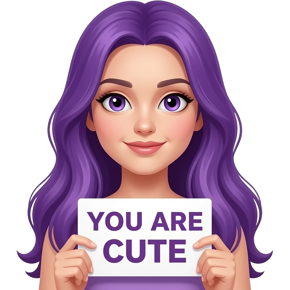 sexy girl with long purple hair and purple eyes holding a YOU ARE CUTE sign emoji
