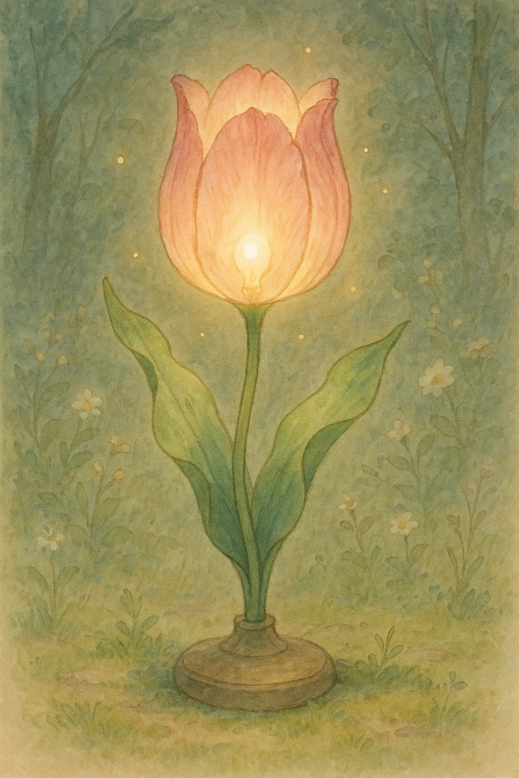 a lamp made out of a tulip flower, the bulb in the flower, natural colors, soft, fairy-like atmosphere,  emoji