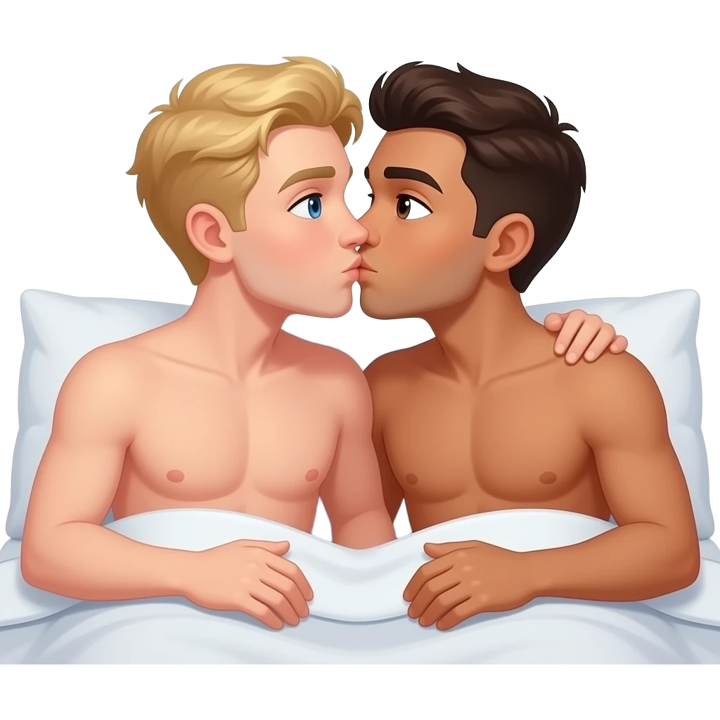 Make a gay couple on a Date , one has light Skin with Blond Hair and Blue Eyes, the other one has slightly brown skin witz dark Brown Hair and Brown Eyes. They are laying together in a Bed shirtless and kiss. emoji