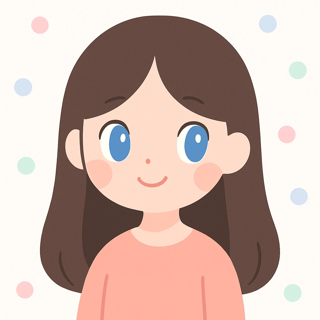 portrait of a girl with long straight brunette hair and blue eyes, clean background, modern illustration style emoji