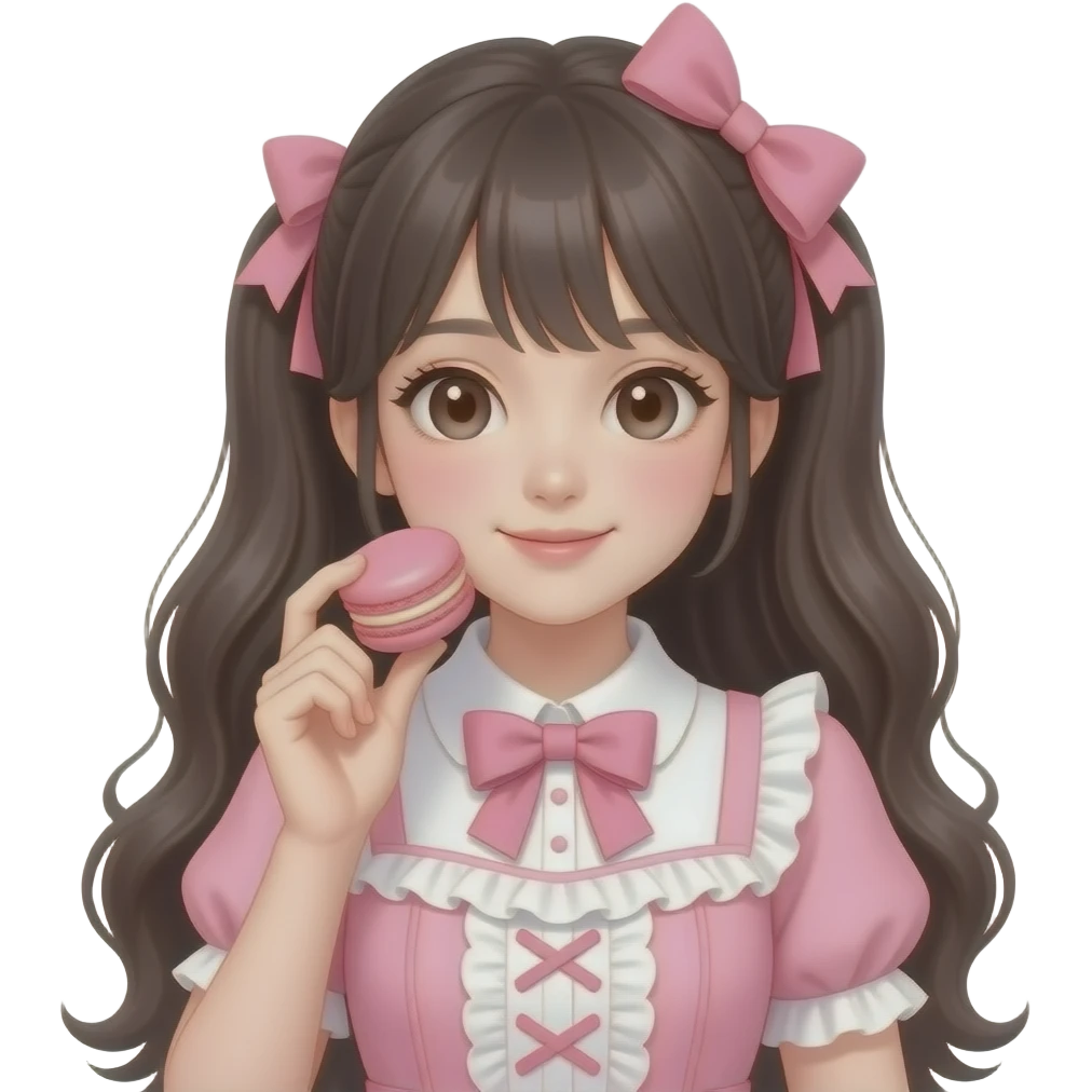 a light pink lolita hime gyaru dress with a macaron in hand, ios emoji style emoji