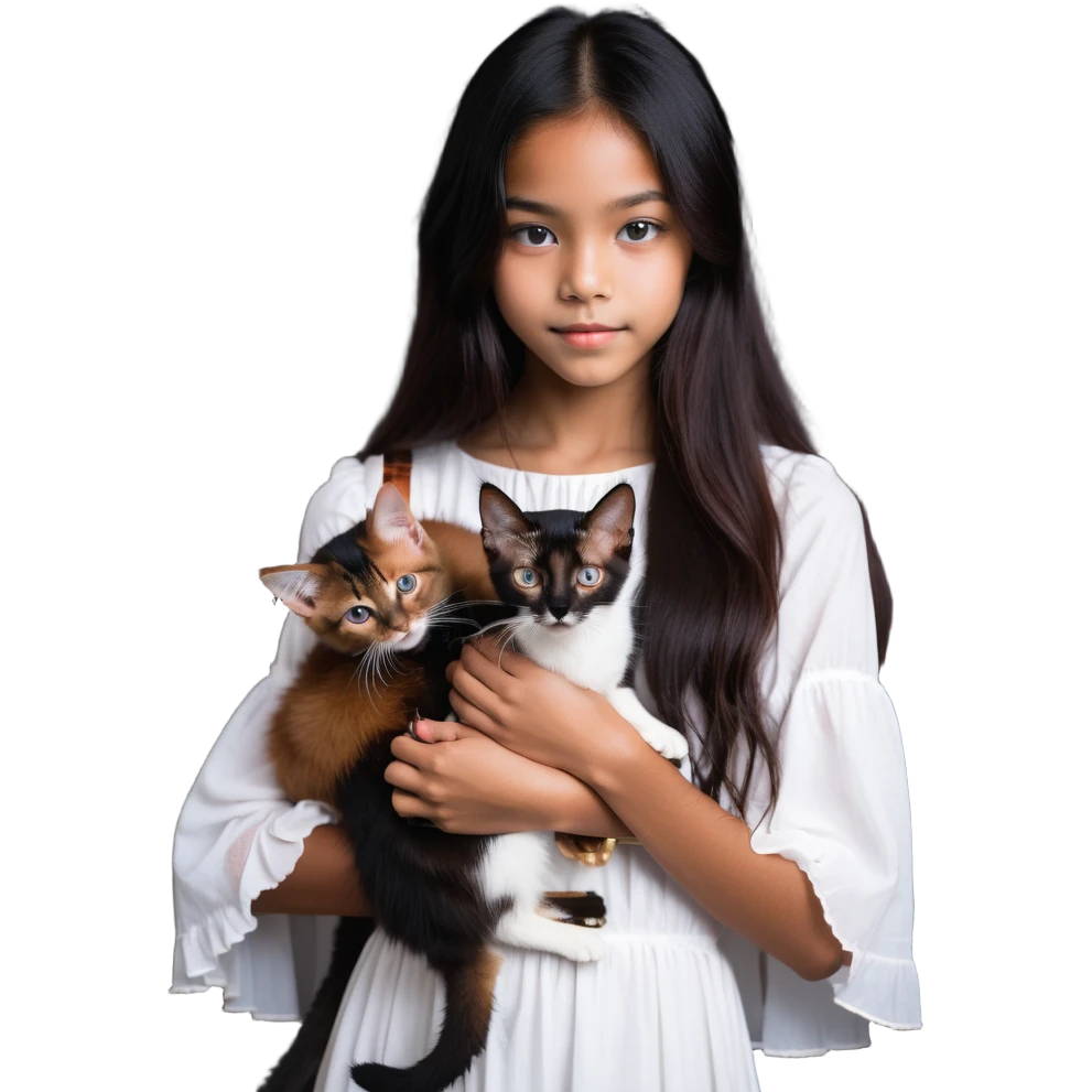 beautiful girl with long black hair wearing a white dress holding an Abyssinian cat with reddish-brown fur in her arms, close-up emoji