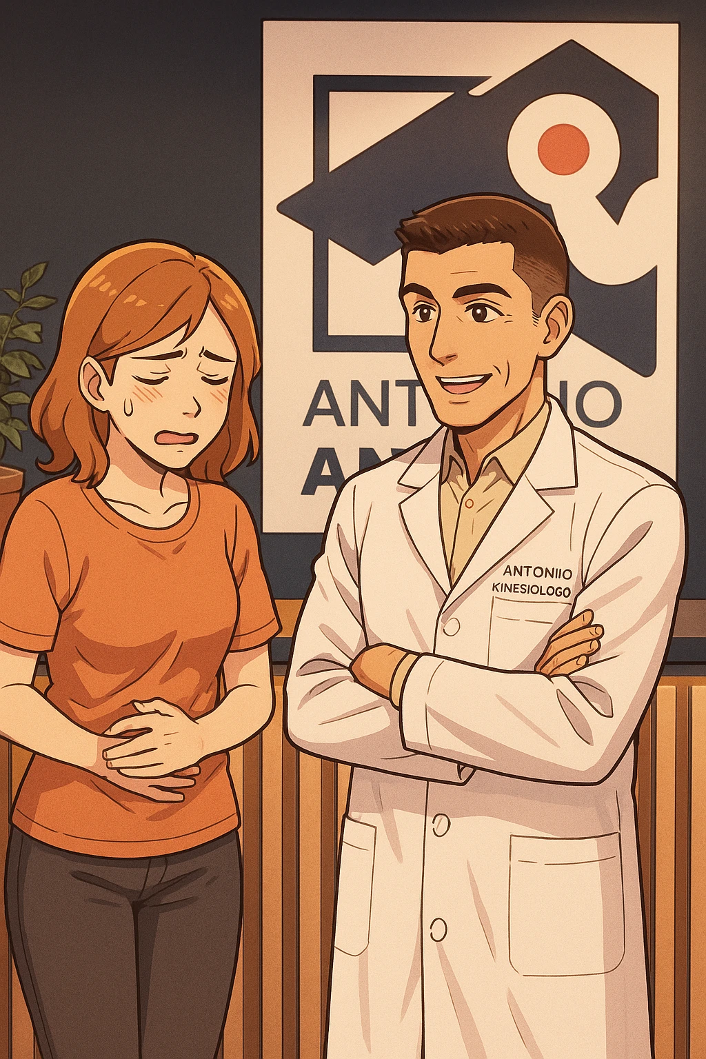 su questo stile fai un manga/webtoon a colori in cui una donna si lamenta che sta male e ha mal di pancia, l'uomo della foto in stile manga gli risponde, mantieni un ambiente simile alla foto che ho allegato con il suo logo (sarebbe il suo studio, lui è un kinesiologo), non mettere fumetti, ma fai in modo che sembri che la donna chiede una cosa e l'uomo risponde alla sua domanda emoji