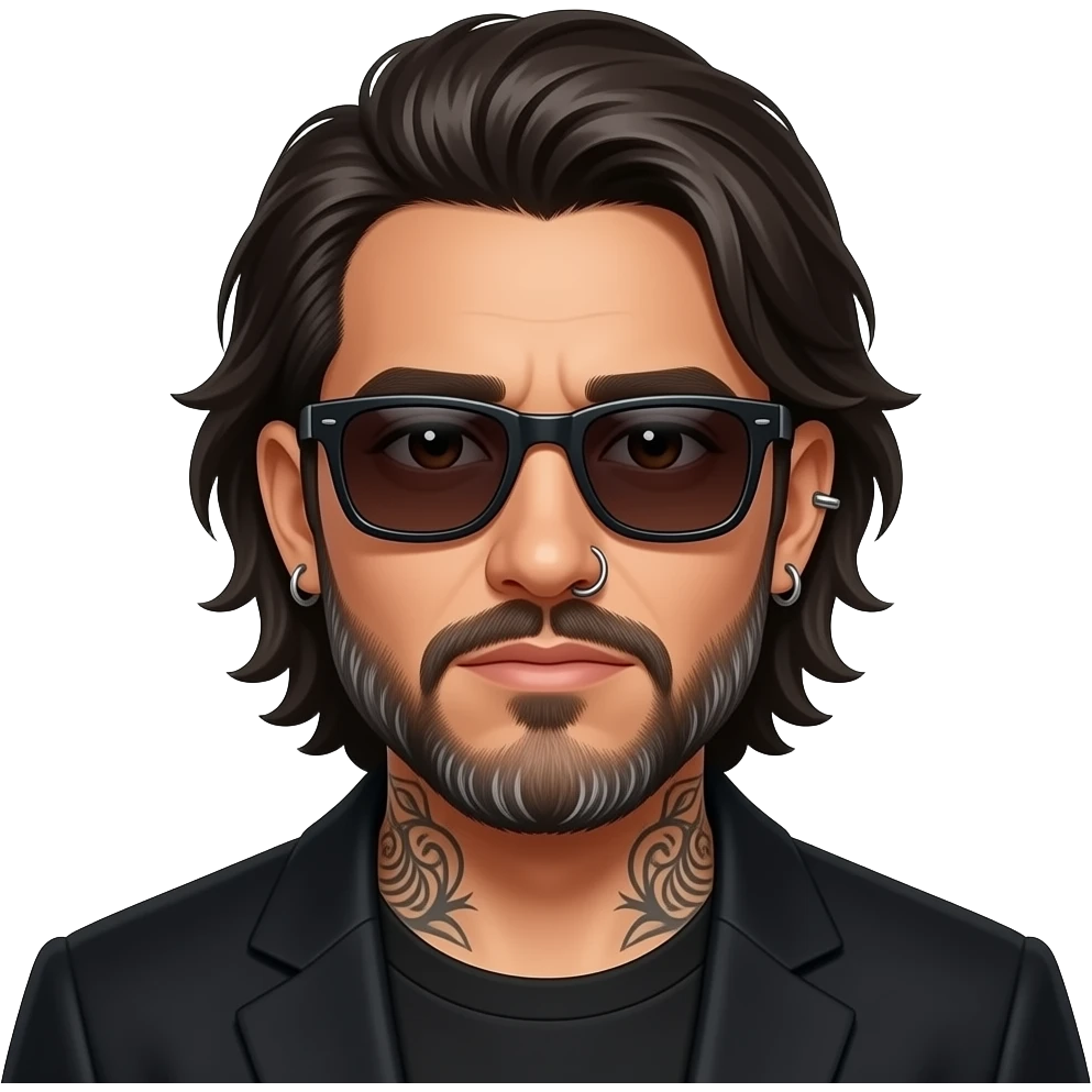 The handsome manly Latino podcast host with medium length hair, a long  slightly graying beard and tattoos with his ears pierced and a nose ring on the right side, dark brown eyes, wearing black, dark sunglasses, feeling broken emoji