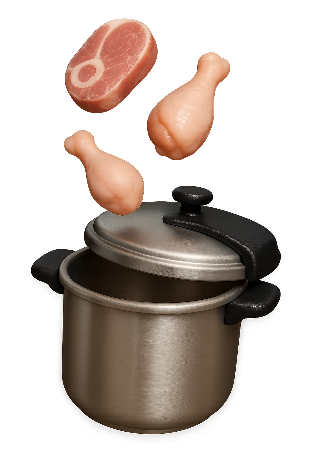 emoji stile iphone in 3d di una pentola a pressione dentro cui cadono agnello, pollo e tacchino crudi da cuocere, iperrealistico 4k emoji