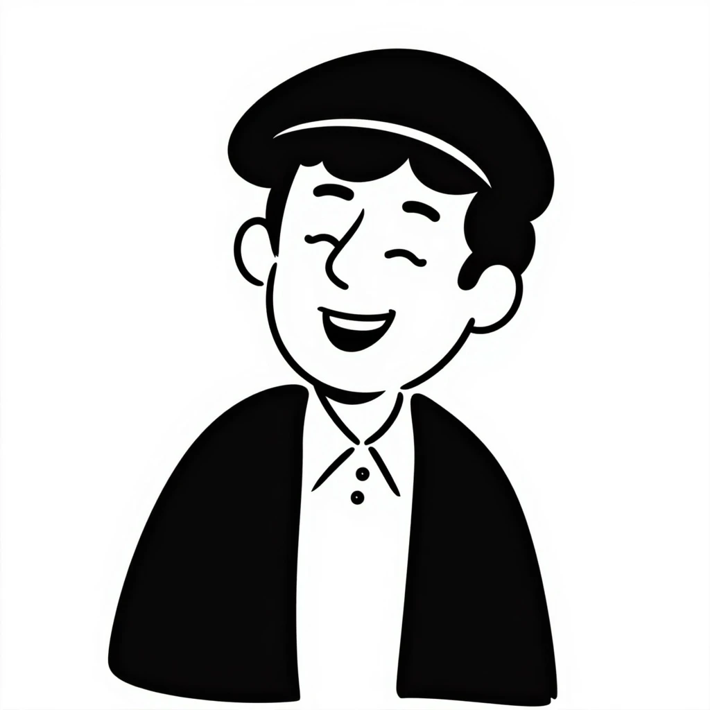 laughing man with black beret, friendly expression, the word 'Merci' integrated clearly and legibly, suitable as an icon, hand-drawn notion style emoji