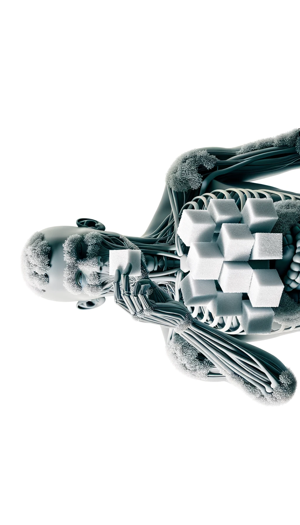 corpo umano anatomico in piedi a figura intera che mangia zollette di zucchero, posa frontale, iperrealistico 4k, isolato su sfondo bianco emoji