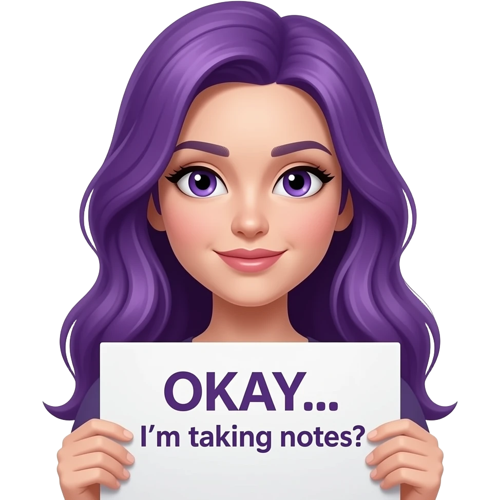 sexy girl with long purple hair and purple eyes holding a OKAY... I'm taking notes  sign emoji
