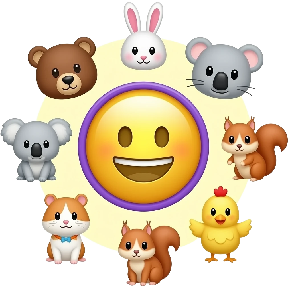 Smiley emoticon in the centre, circle, with purple outline,serrounded by smaller size 🐻🐰🐨🐈🐹🐿🐥, with light yellow and background, purple outline emoji