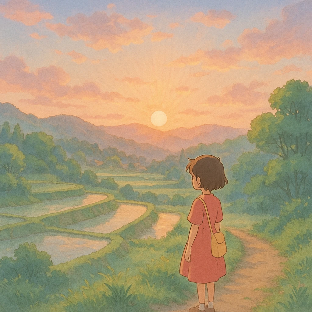 aesthetic morning sunrise, soft pastel colors, gentle light, serene landscape, in Ghibli style emoji