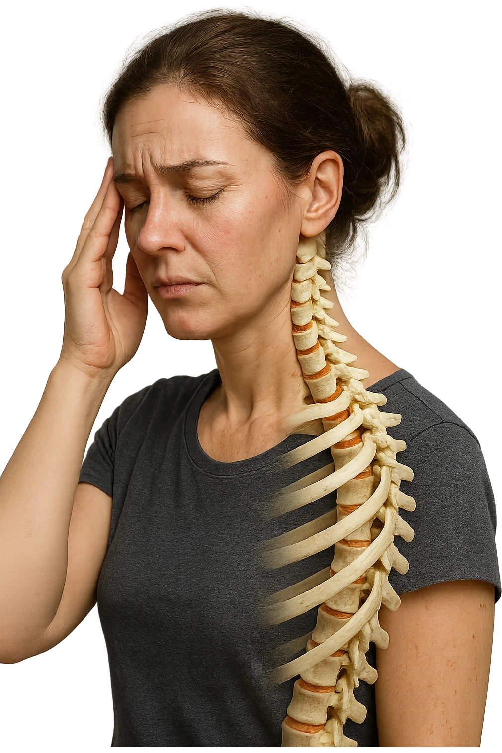 donna stanca che si tiene una mano sulla tempia con spina dorsale anatomica visibile, iperrealistico 4k emoji