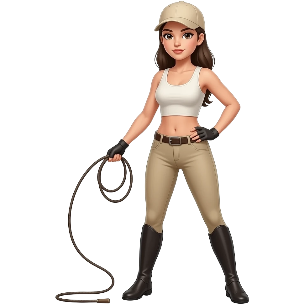 naked woman in beige riding jodhpurs, and beige baseball cap, cracking a whip on the ground with one hand, and her other hand on her hip, standing with her legs apart, animated emoji